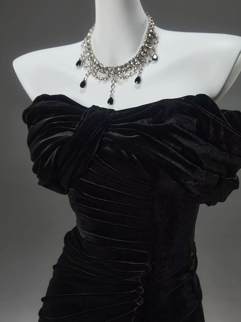 Black Velvet Mermaid Off Shoulder Long Evening Dress, Black Velvet Prom Dress Party Dress