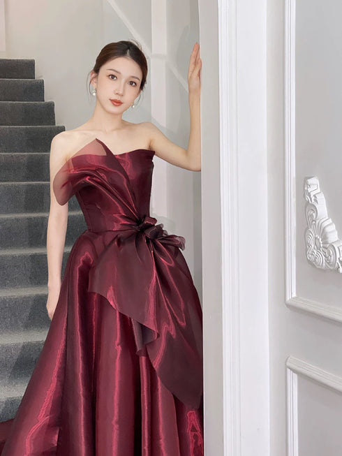Wine Red Strapless A-line Floor Length Party Dress, Wine Red Long Formal Dress