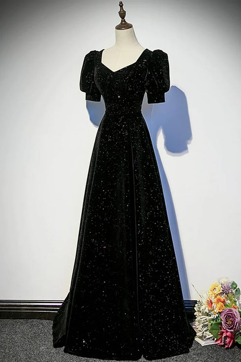 Black A-line Velvet Short Sleeves Party Dress, Black Velvet Sweetheart Prom Dress