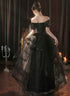 Black A-line Tulle Short Sleeves Layers Long Formal Dress, Black Tulle Prom Dress