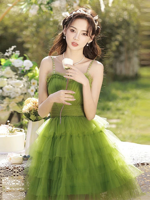 Green Tulle Straps Knee Length Layers Party Dress, Green Tulle Short Homecoming Dress