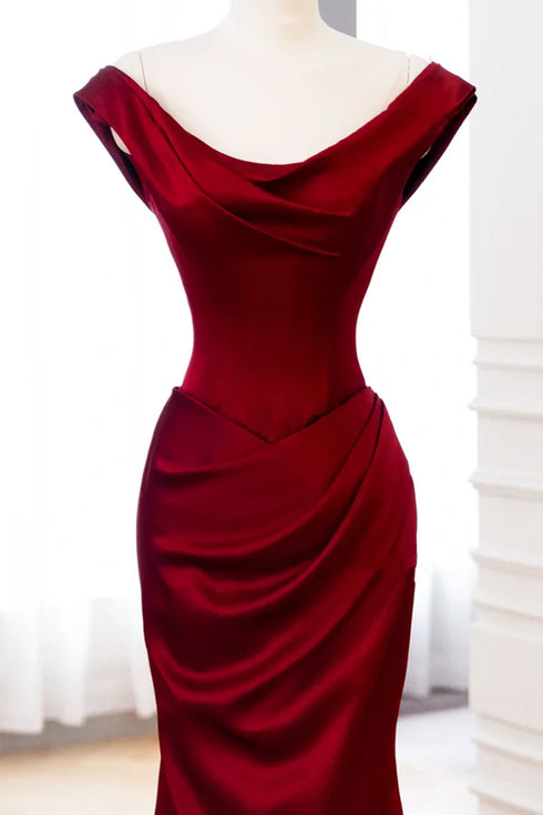 Wine Red Satin Mermaid Long Evening Dress, Wine Red Satin Floor Length Prom Dress