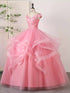 Pink Tulle Ball Gown with Lace Applique Party Dress, Pink Tulle Sweet 16 Dress Formal Dress
