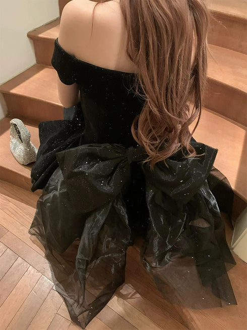 Black Velvet Short Party Dress Homecoming Dress, Black Velvet Off Shoulder Prom Dress