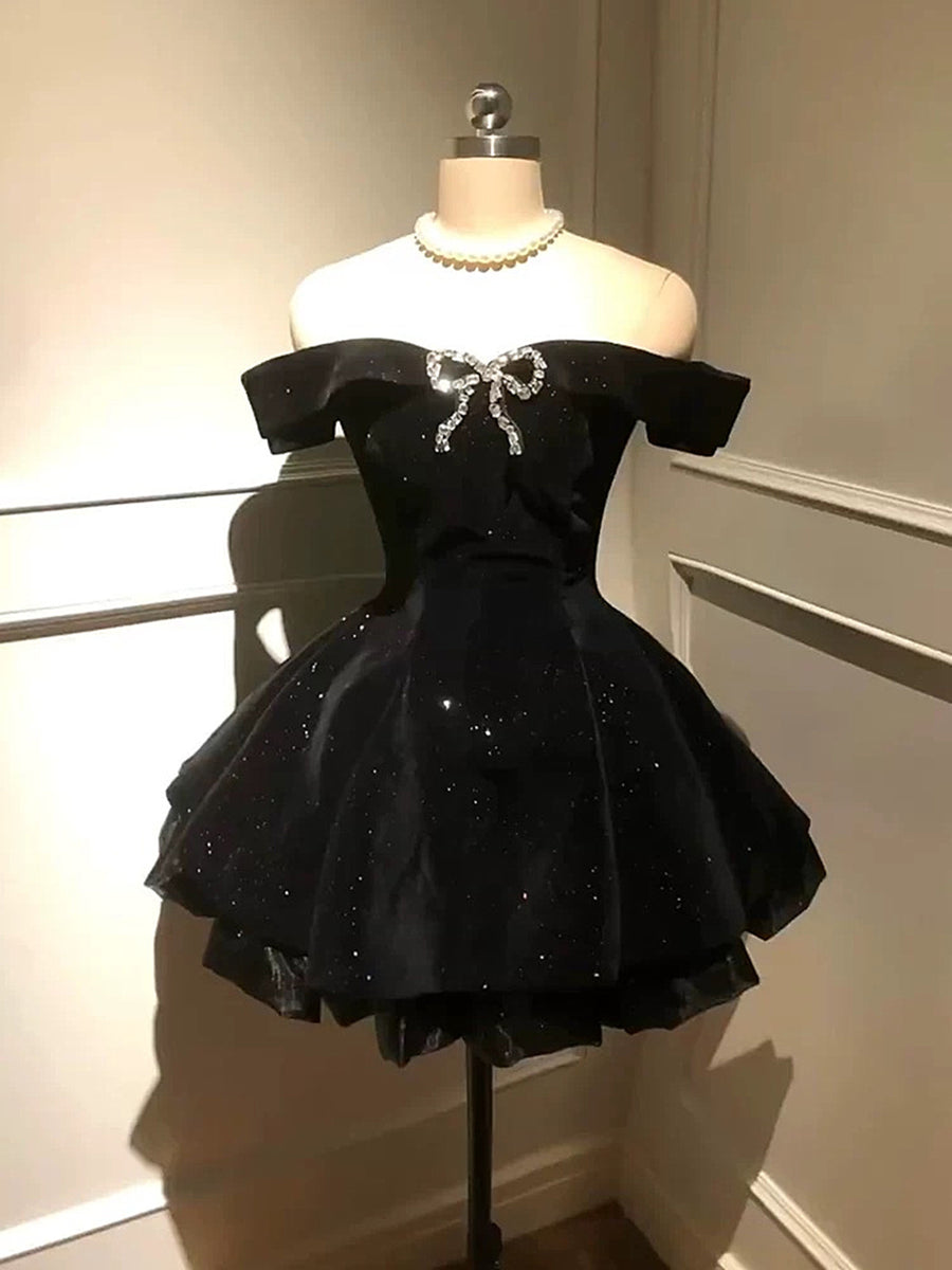 black velvet homecoming dress Off Shoulder Black Velvet Short Prom Dresses, Off the Shoulder Formal  Homecoming Dresses main image 0