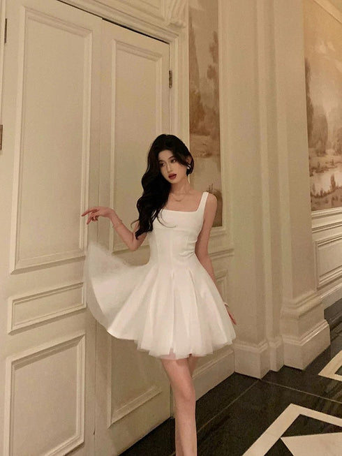 Ivory Straps Chiffon Short Simple Graduation Dress, Ivory Short Party Dress Formal Dress