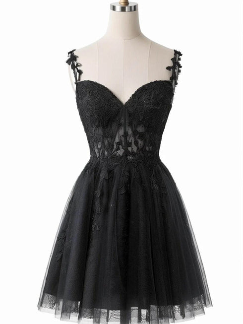 A-line Black Tulle Short Party Dress with Lace, Black Sweetheart Homecoming Dress
