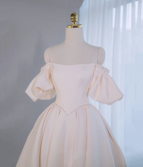 Ivory Satin Beaded Off Shoulder A-line Party Dress, A-line Long Satin Prom Dress