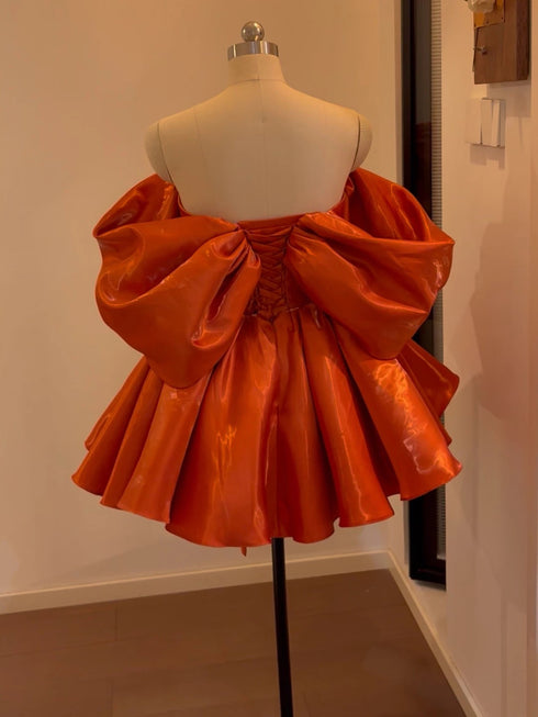 Orange Satin Knee Length Sweetheart Party Dress, Off Shoulder Satin Homecoming Dress