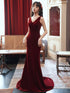 Wine Red Velvet Mermaid V-neckline Party Dress, Wine Red Bridesmaid Dress