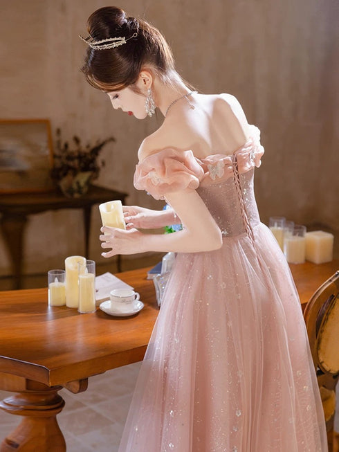Pink Off Shoulder Beaded A-line Tulle Party Dress, Pink Tulle Prom Dress