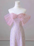 Lovely Pink Sweetheart Tulle Beaded Off Shoulder Party Dress, Pink Tulle Prom Dress