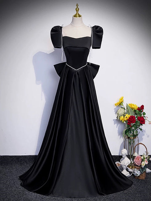 A-line Black Satin Short Sleeves Party Dress, Black Satin Floor Length Prom Dress