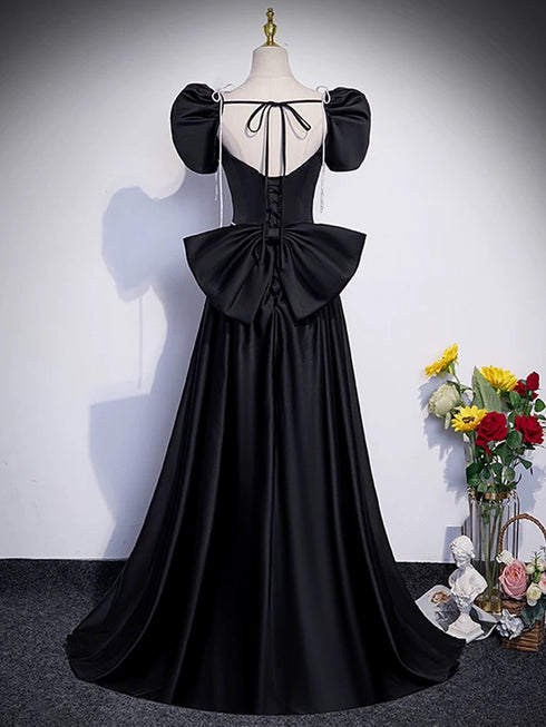 A-line Black Satin Short Sleeves Party Dress, Black Satin Floor Length Prom Dress