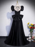 A-line Black Satin Short Sleeves Party Dress, Black Satin Floor Length Prom Dress