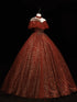 Wine Red High Neckline Ball Gown Tulle Sweet 16 Dress, Shiny Tulle With Lace Prom Dress
