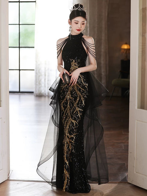 Charming Black Sequins Halter Evening Dress With Lace Applique, Black Long Prom Dress