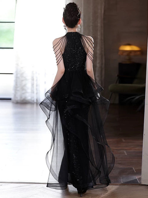 Charming Black Sequins Halter Evening Dress With Lace Applique, Black Long Prom Dress