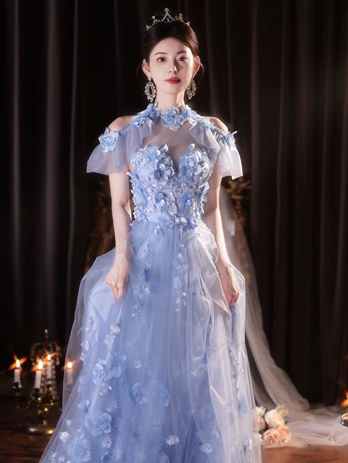Light Blue Flowers Tulle Party Dress, Halter Blue Tulle Prom Dress Party Dress