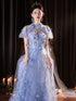 Light Blue Flowers Tulle Party Dress, Halter Blue Tulle Prom Dress Party Dress