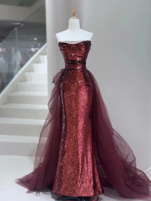 Wine Red Sequins and Tulle Mermaid Long Party Dress, Wine Red Chic Prom Dress