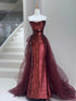 Wine Red Sequins and Tulle Mermaid Long Party Dress, Wine Red Chic Prom Dress