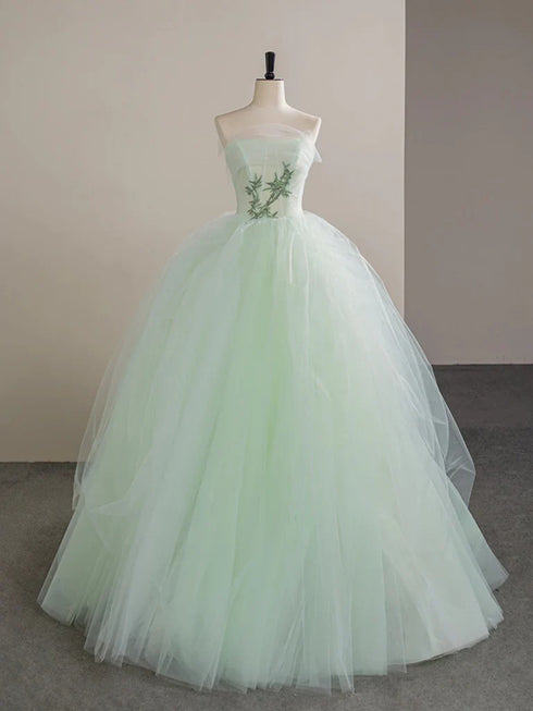 Light Green Tulle with Lace Scoop Party Dress, Light Green Long Prom Dress