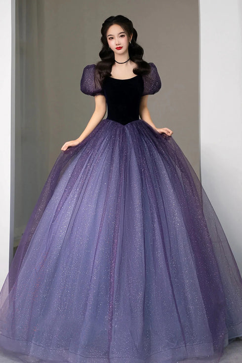 Purple Short Sleeves Tulle A-line Long Party Dress, Purple Tulle Prom Dress Evening Dress