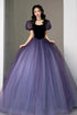 Purple Short Sleeves Tulle A-line Long Party Dress, Purple Tulle Prom Dress Evening Dress