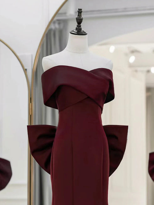 Wine Red Off Shoulder Long Party Dress with Bow, Wine Red Satin Evening Dress