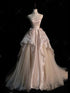 Pink and Champagne Strapless A-line Tulle Party Dress, Satin and Tulle Formal Dress