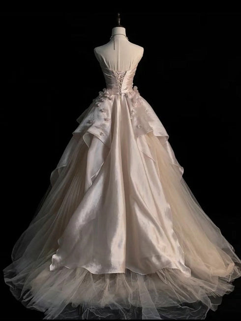 Pink and Champagne Strapless A-line Tulle Party Dress, Satin and Tulle Formal Dress