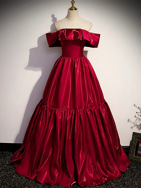 Wine Red Off Shoulder Satin A-line Party Dress, Wine Red Satin Prom Dress Evening Dress