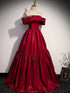 Wine Red Off Shoulder Satin A-line Party Dress, Wine Red Satin Prom Dress Evening Dress
