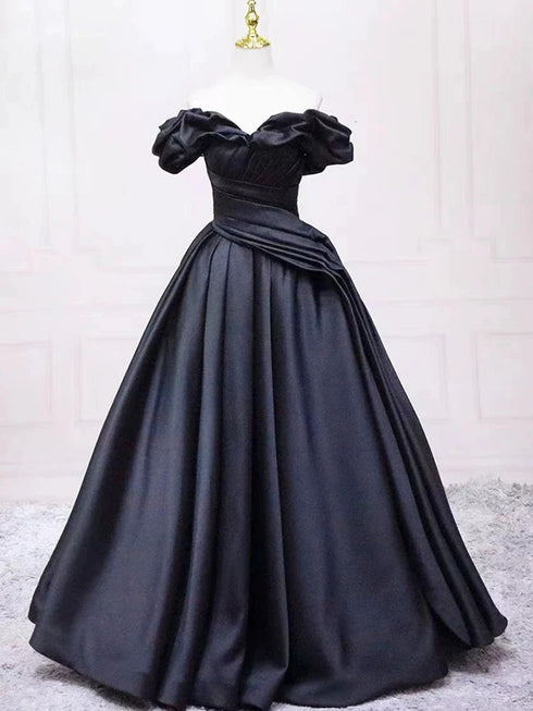 Black Satin Off Shoulder Sweetheart Long Party Dress, Black Satin Prom Dress