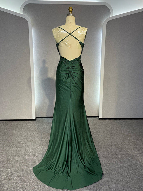 Green Spandex Mermaid Cross Back with Lace Party Dress, Green Long Prom Dress