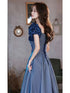 A-line Blue Sweetheart Short Sleeves Party Dress, Blue Long Prom Dress Evening Dress