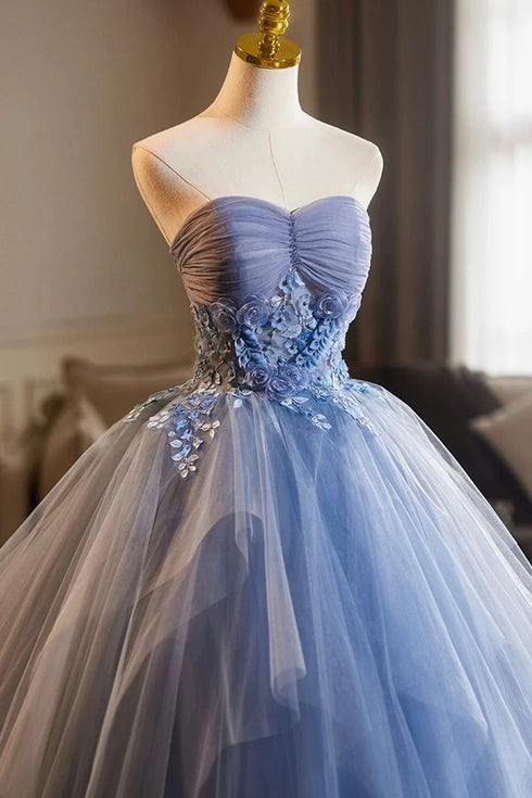 Blue Sweetheart Tulle Strapless Long Prom Dress, Blue Tulle Sweet 16 Dresses