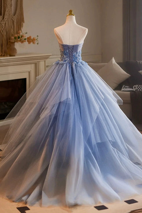 Blue Sweetheart Tulle Strapless Long Prom Dress, Blue Tulle Sweet 16 Dresses