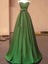 Green Satin V-neckline Floor Length Party Dress, A-line Simple Green Prom Dress