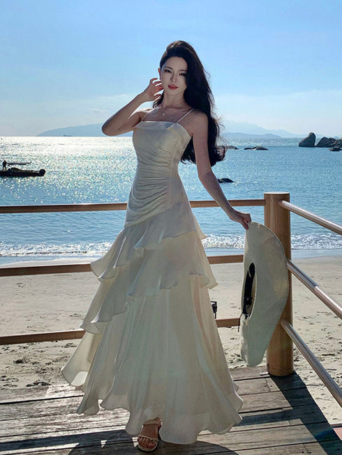 White Straps Satin Long Evening Dress Party Dress, Chic White Satin Prom Dress