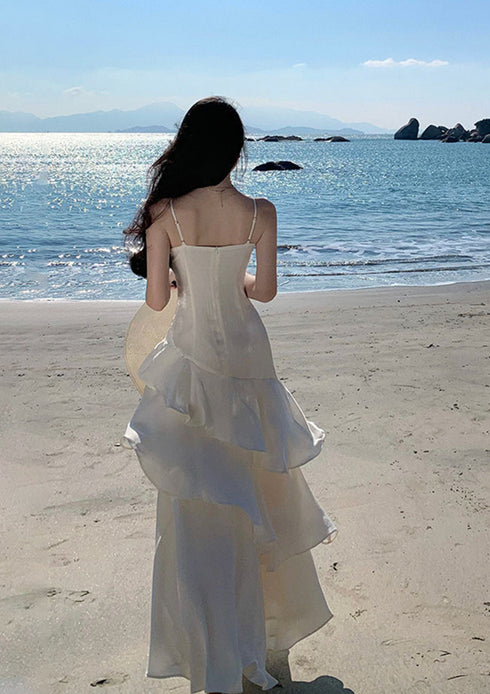 White Straps Satin Long Evening Dress Party Dress, Chic White Satin Prom Dress