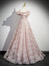 Pink Lace Off Shoulder A-line Long Party Dress, Lace Pink Evening Dress Prom Dress