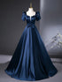 Blue Satin Short Sleeves Beaded Long Party Dress, Blue Satin Long Prom Dress