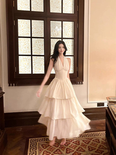 White Halter A-line Layers Chic Long Party Dress, White Satin Prom Dress Evening Dress
