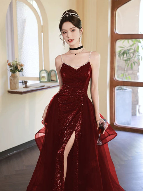 Wine Red Sequins A-line Strap Beaded Party Dress, V-neckline Prom Dress Evening Dress