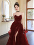 Wine Red Sequins A-line Strap Beaded Party Dress, V-neckline Prom Dress Evening Dress