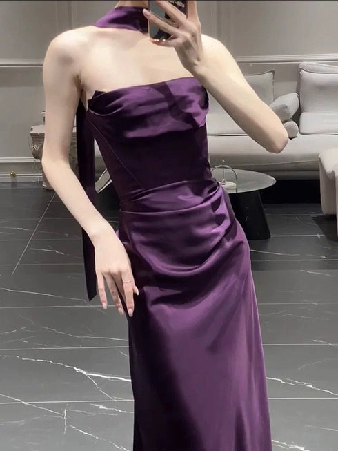 Purple Soft Satin Strapless Long Party Dress Prom Dress, Purple Satin Scoop Evening Dress
