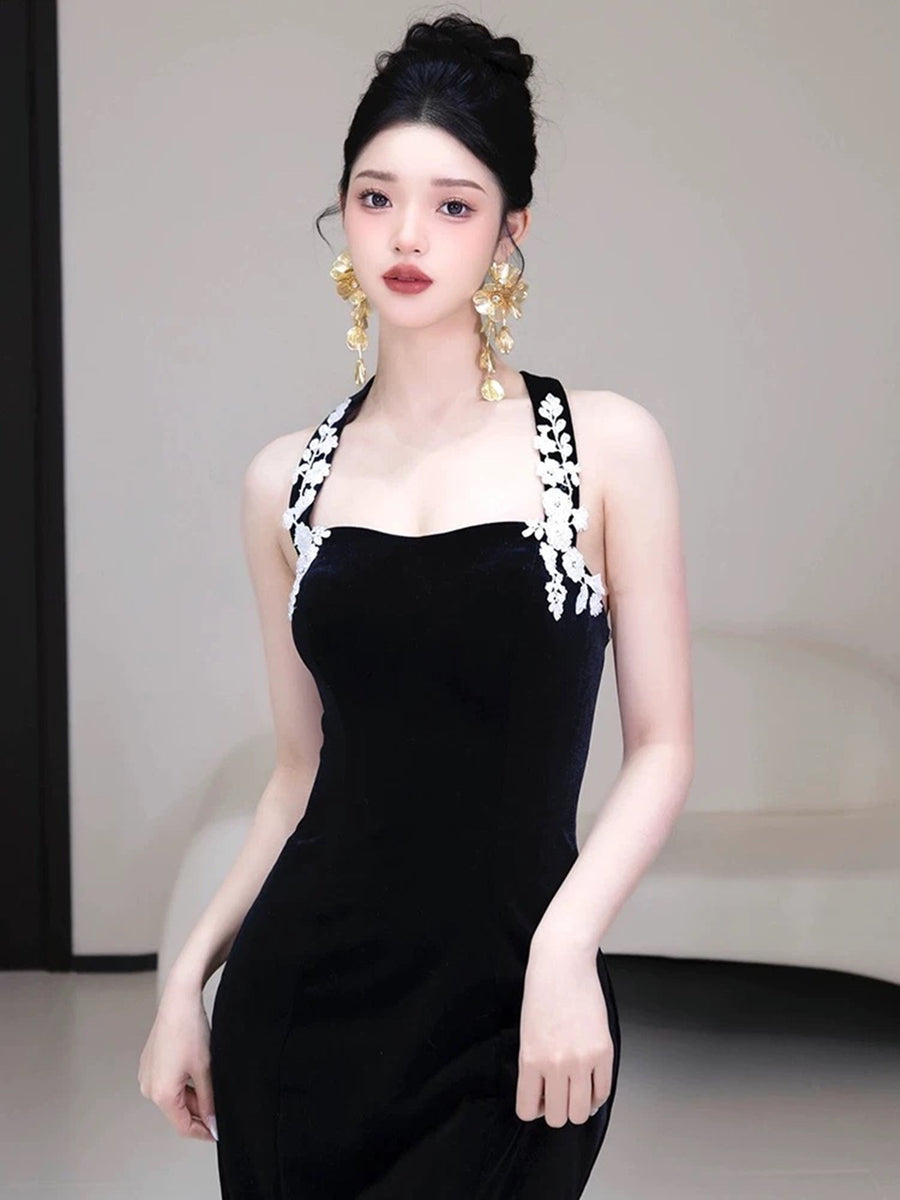 Black Mermaid Velvet Halter Long Party Dress, Black Velvet Evening Dre