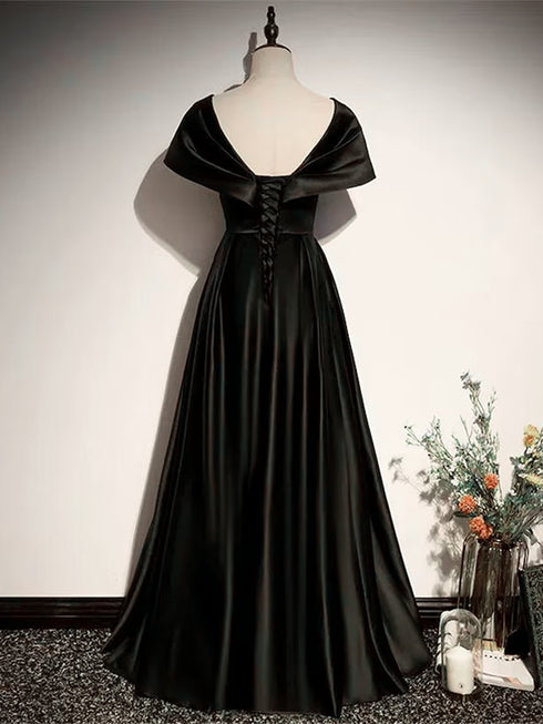 Black Off Shoulder Satin A-line Party Dress, Black Satin Evening Dress Prom Dress